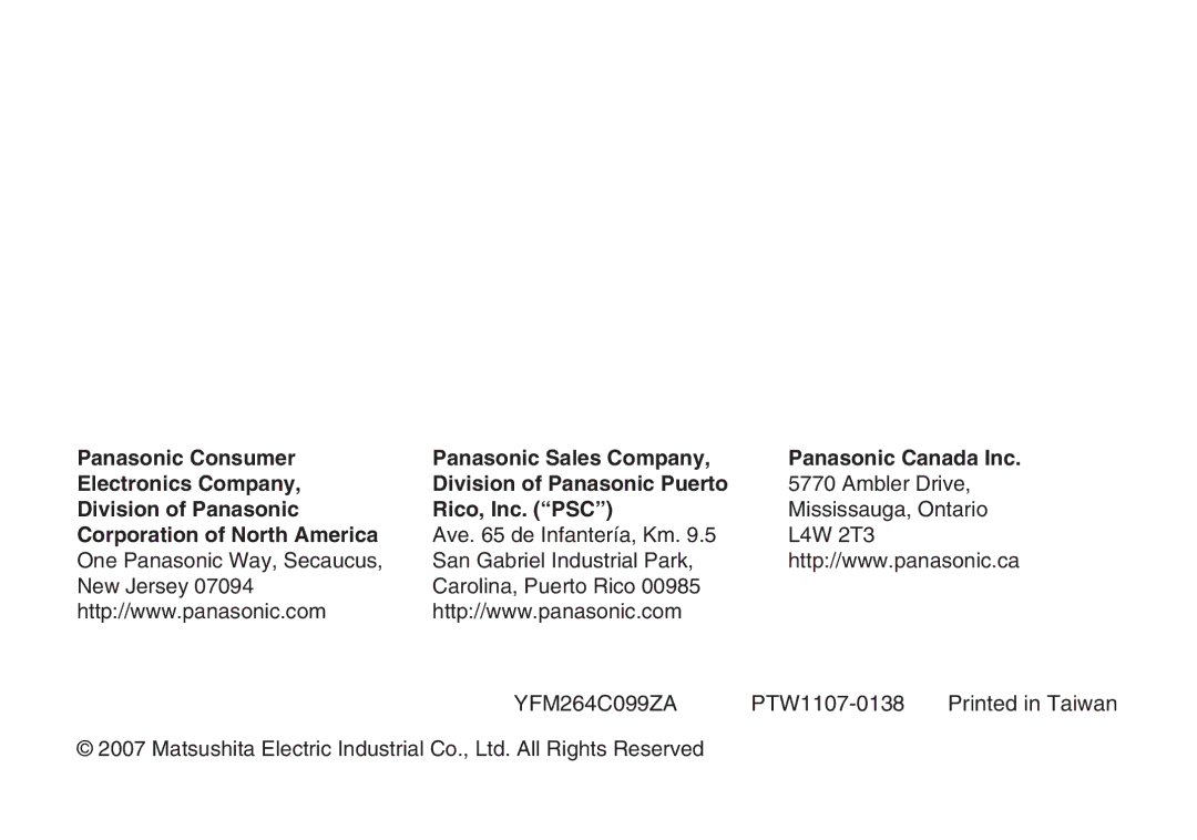 Panasonic CY-BT200UCY-BT200U operating instructions Division of Panasonic Rico, Inc. PSC 