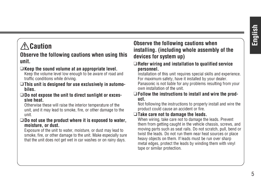 Panasonic CY-BT200UCY-BT200U Follow the instructions to install and wire the prod- uct, Take care not to damage the leads 