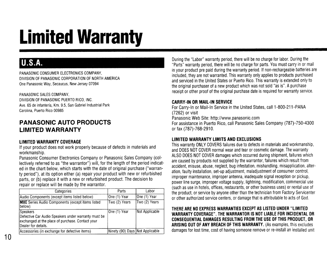 Panasonic CY-BT200U operating instructions Limited Warranty 