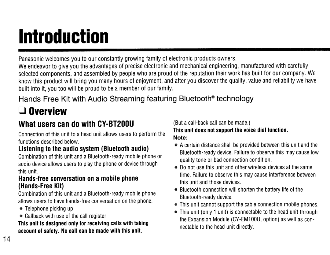 Panasonic CY-BT200U operating instructions Overview, Listening to the audio system Bluetooth audio 