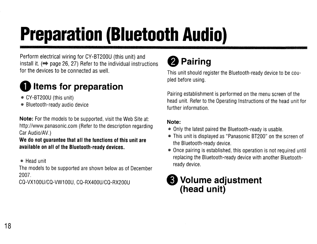 Panasonic Perform electrical wiring for CY-BT200Uthis unit, For the devices to be connected as well 