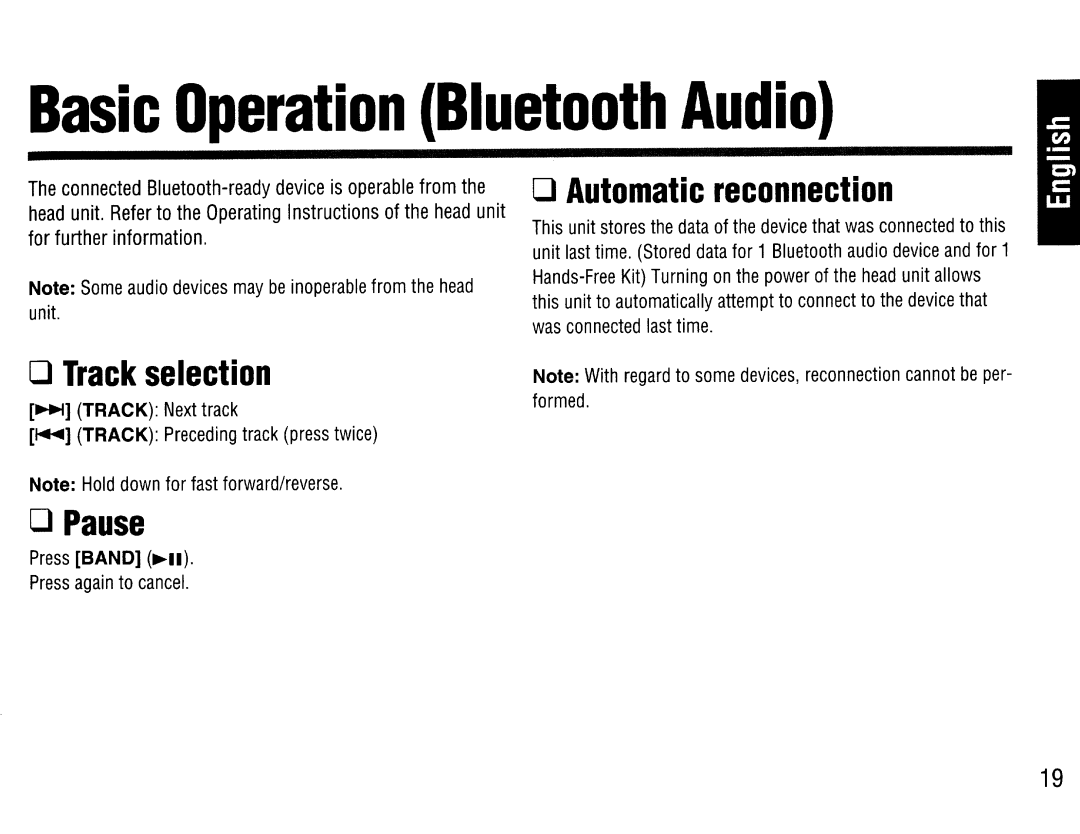 Panasonic CY-BT200U operating instructions Connected Bluetooth-ready device is operable from, ~ Track Next track 