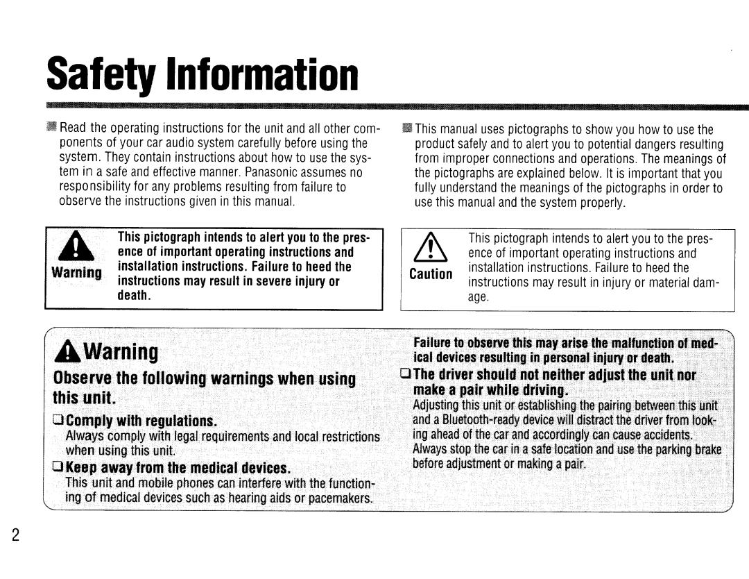 Panasonic CY-BT200U operating instructions Safety Information, Death 