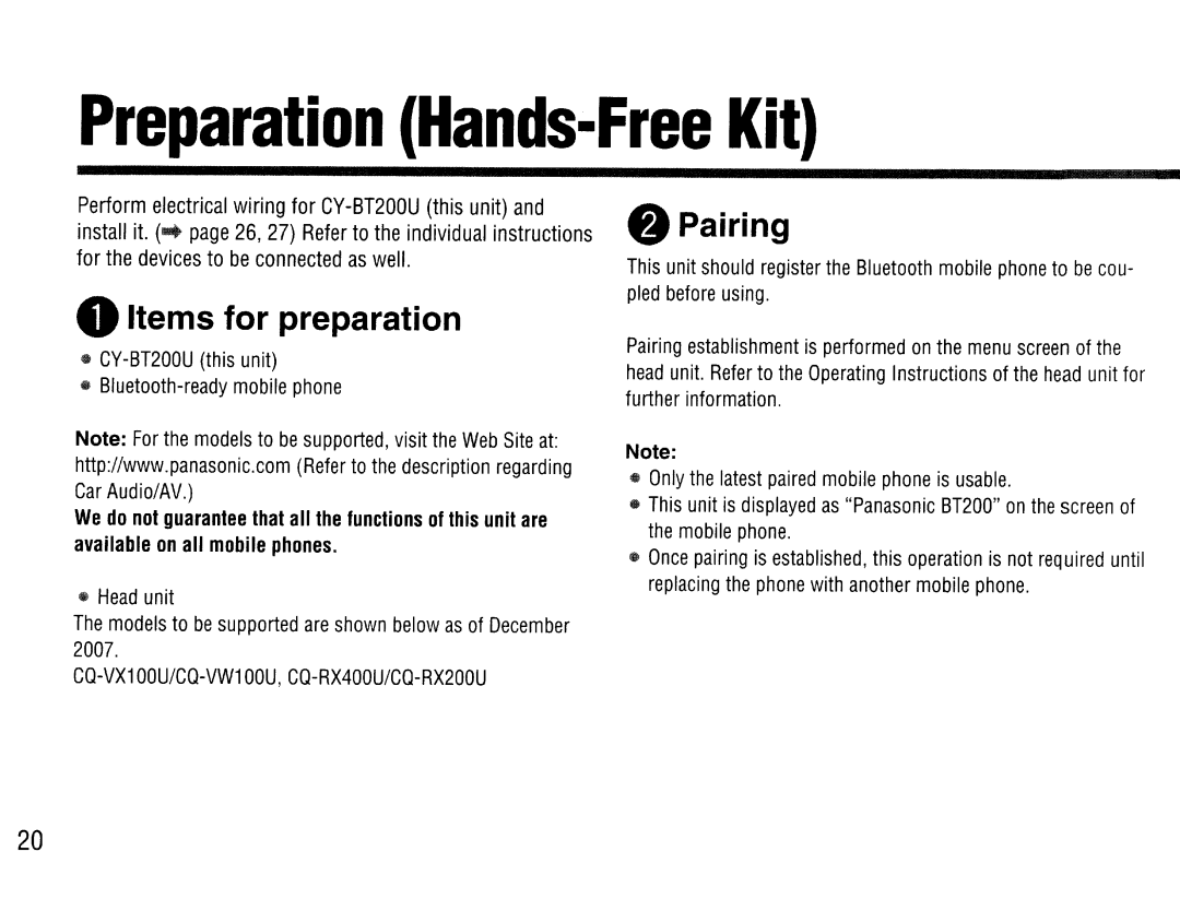 Panasonic CY-BT200U operating instructions Items for preparation, Pairing 