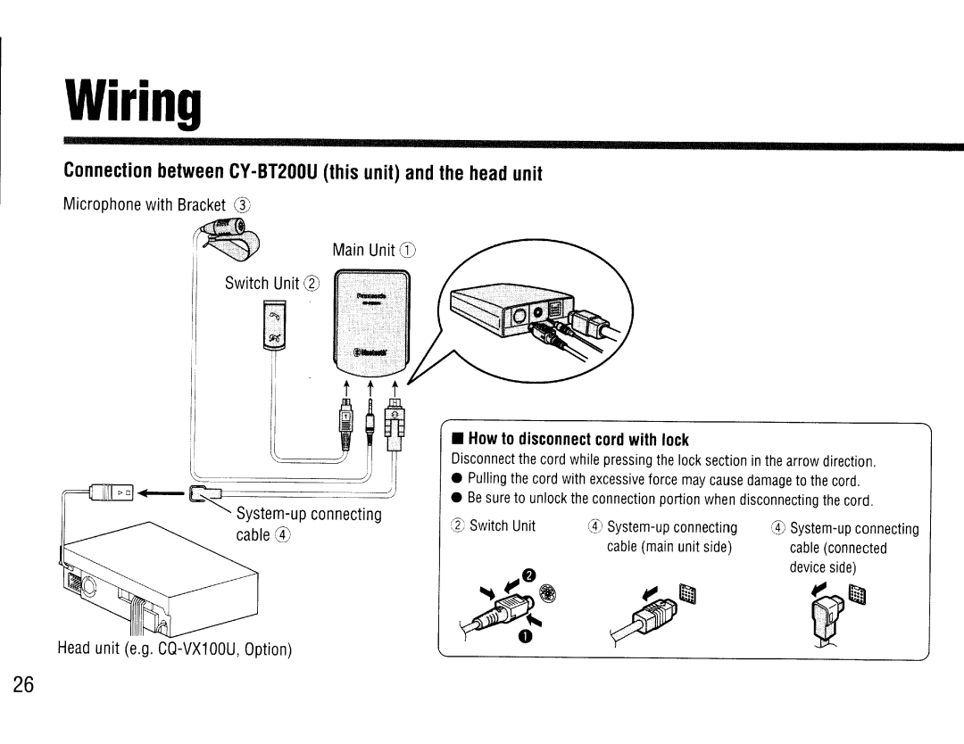 Panasonic operating instructions Wiring, Connection between CY-BT200U this unit and the head unit 