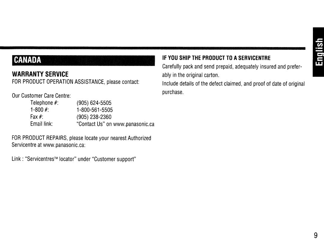 Panasonic CY-BT200U operating instructions Canada, Link Servicentres locator under Customer support 