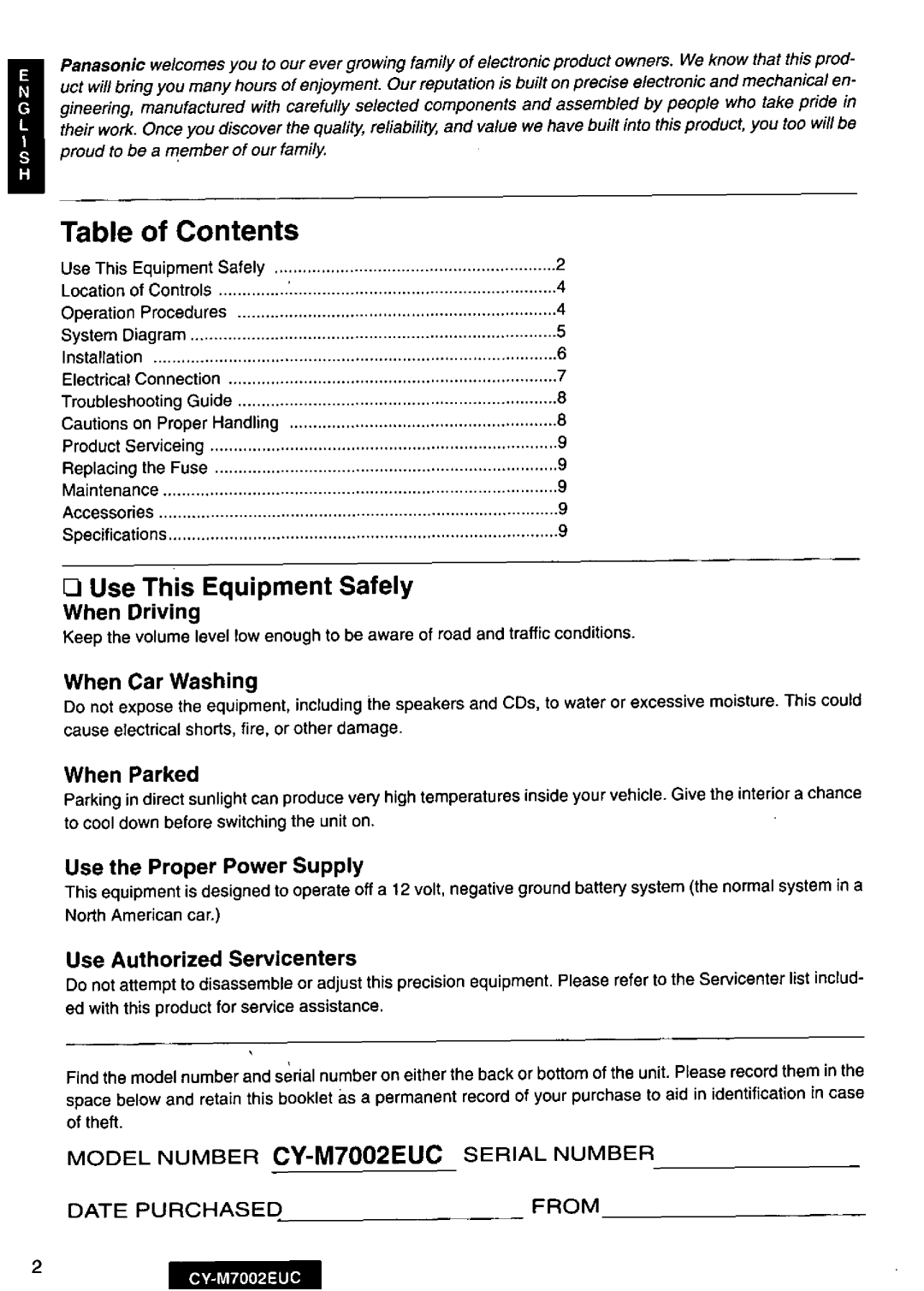 Panasonic CY-M7002EUC manual 