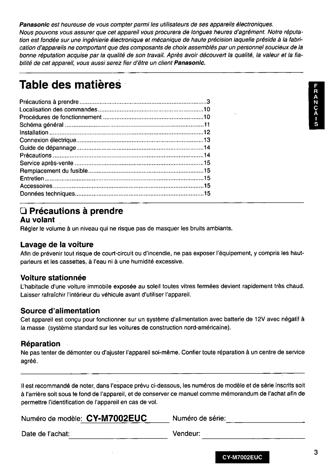 Panasonic CY-M7002EUC manual 