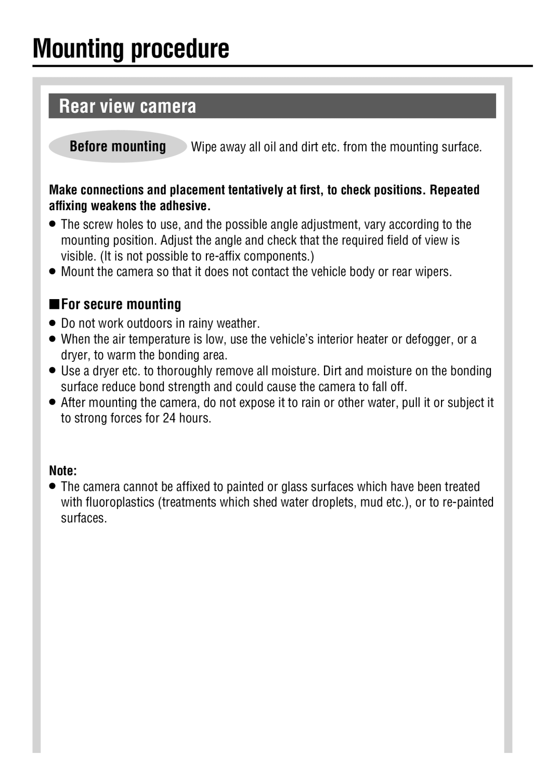 Panasonic CY-RC50KU operating instructions Mounting procedure, Rear view camera, QFor secure mounting 