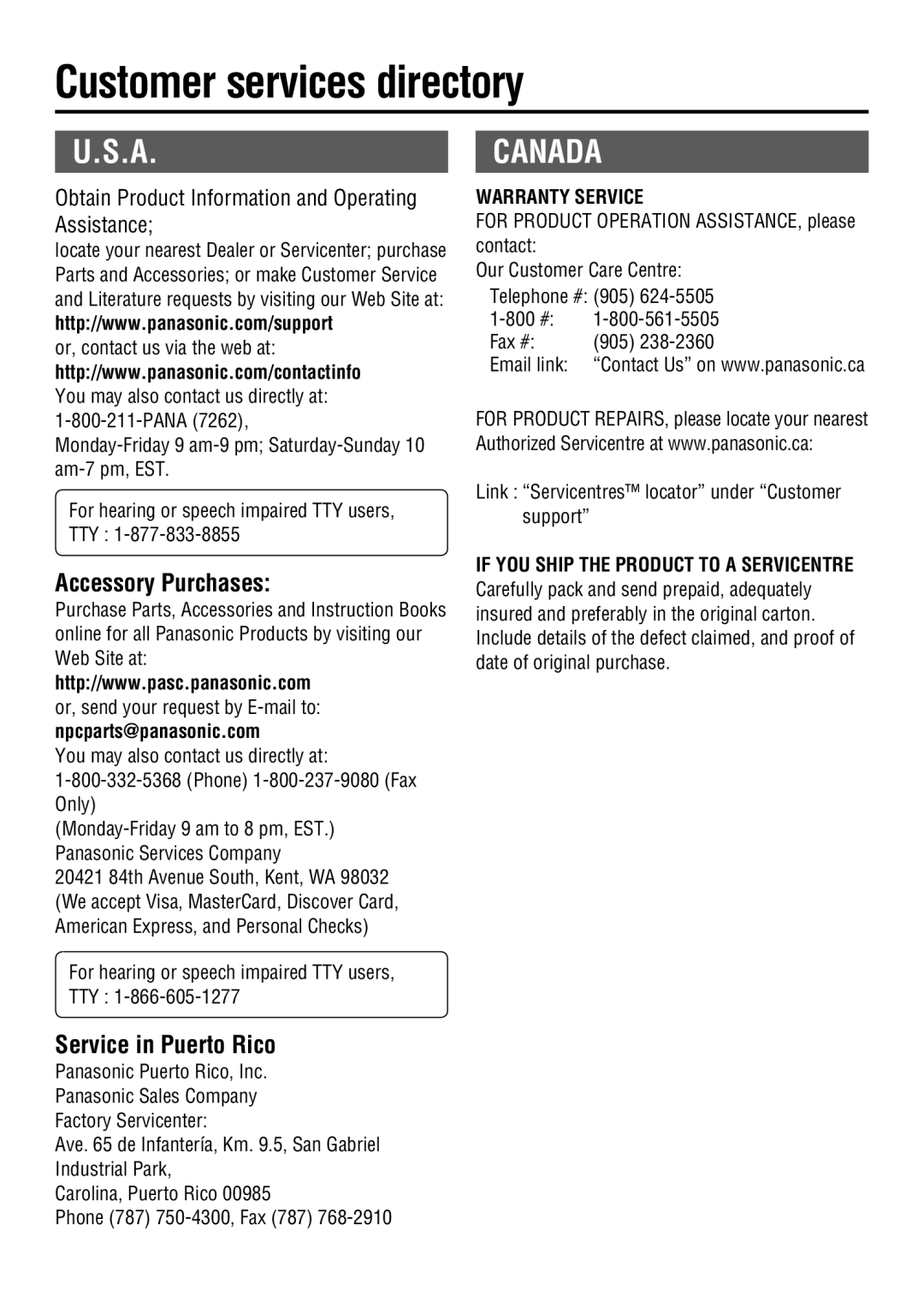 Panasonic CY-RC50KU Customer services directory, Accessory Purchases, Service in Puerto Rico, Npcparts@panasonic.com 