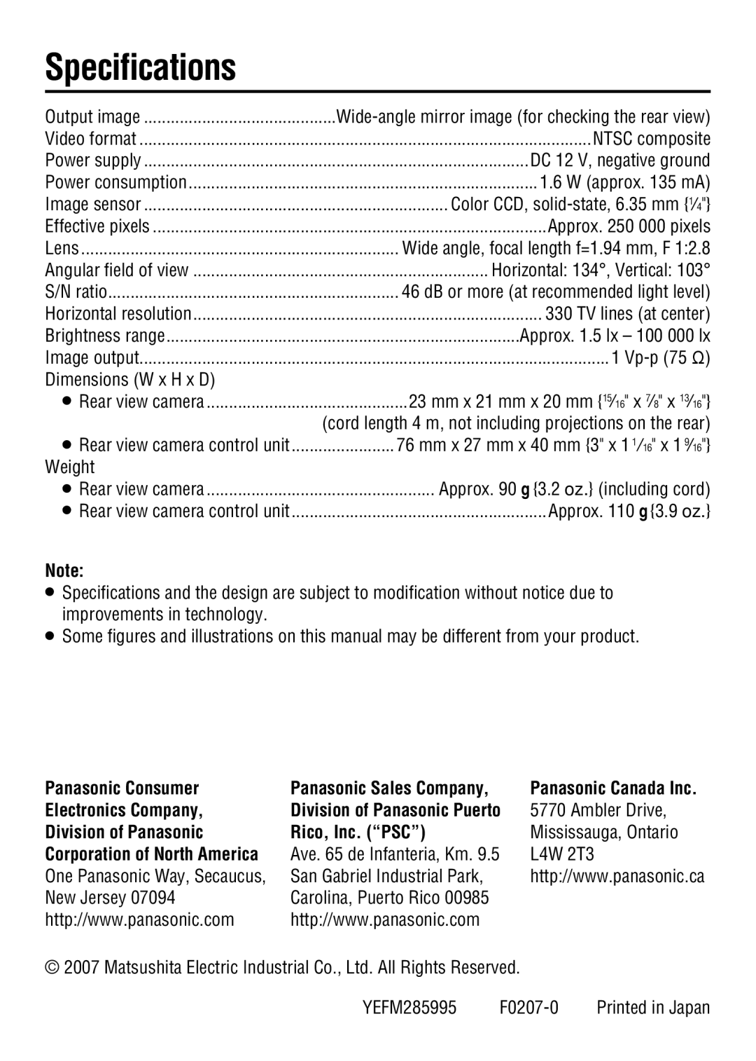 Panasonic CY-RC50KU Speciﬁcations, Panasonic Consumer, Electronics Company, Division of Panasonic Rico, Inc. PSC 