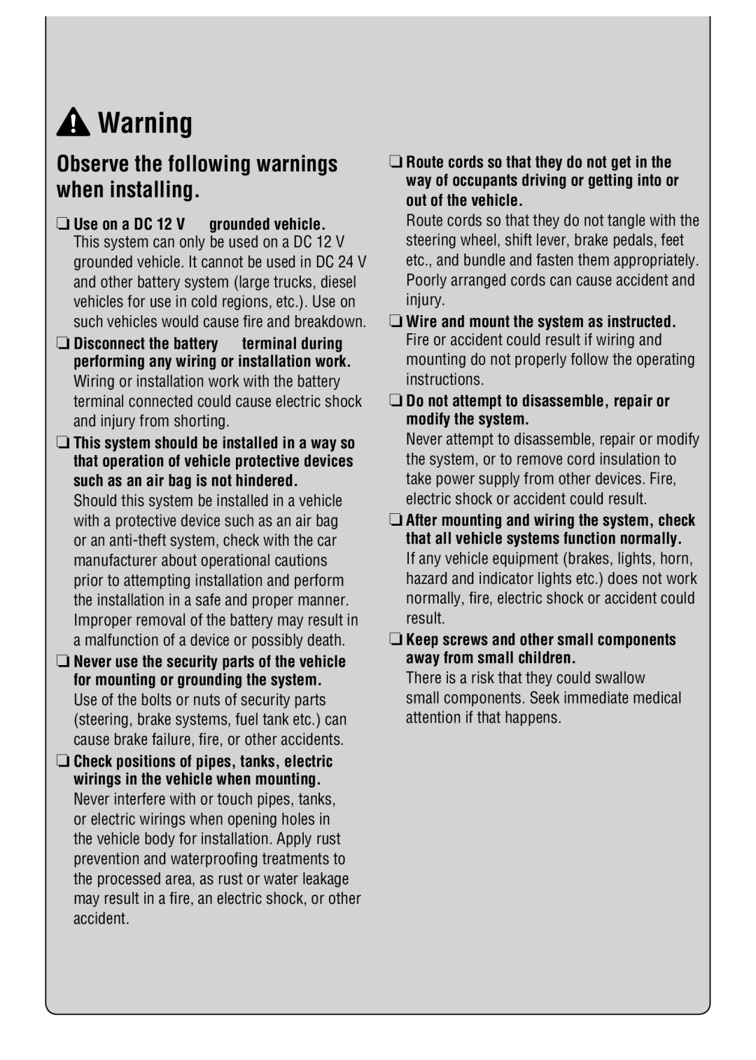 Panasonic CY-RC50KU operating instructions Observe the following warnings when installing, Grounded vehicle 