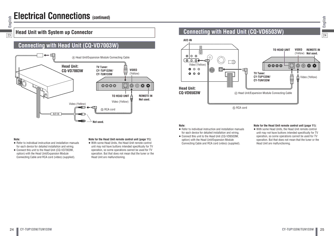 Panasonic CY-TUP133W, CY-TUN133W manual Connecting with Head Unit CQ-VD7003W, Connecting with Head Unit CQ-VD6503W 