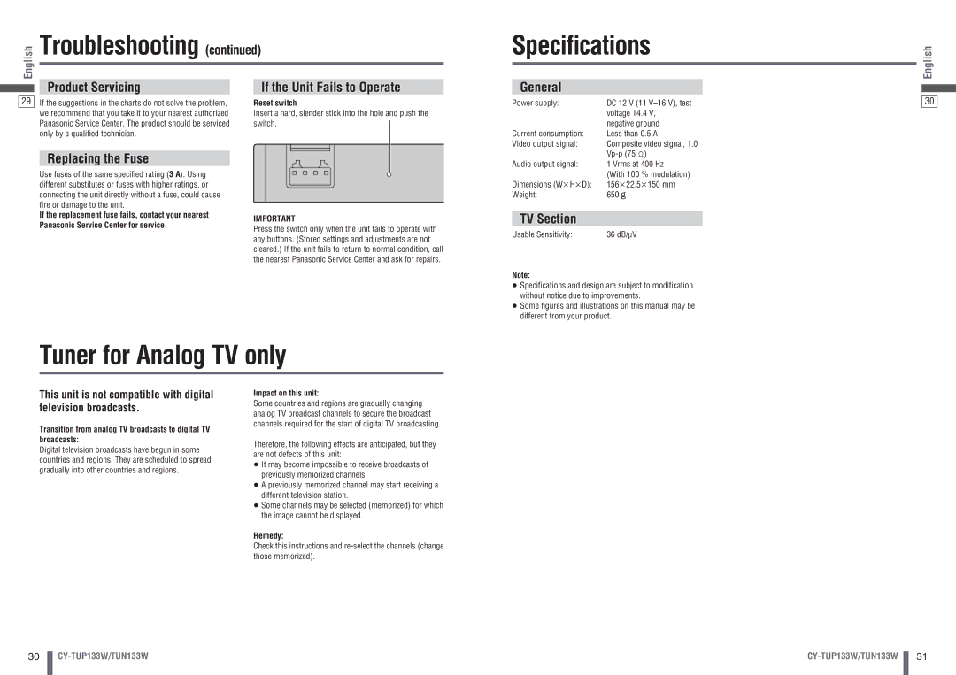 Panasonic CY-TUN133W, CY-TUP133W manual Speciﬁcations, Tuner for Analog TV only 