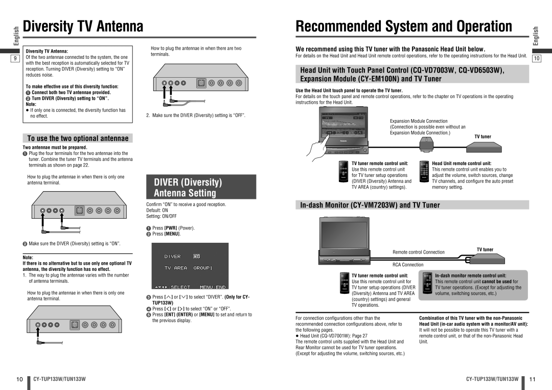 Panasonic CY-TUN133W, CY-TUP133W manual Diver Diversity Antenna Setting, In-dash Monitor CY-VM7203W and TV Tuner 