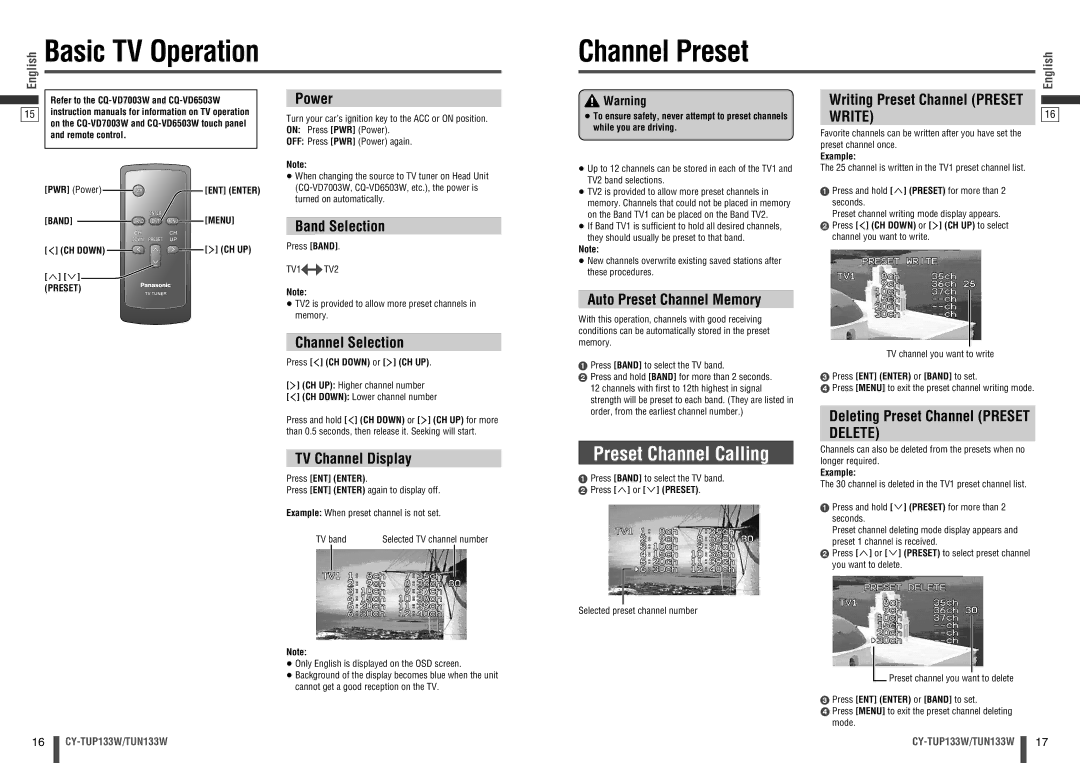 Panasonic CY-TUP133W, CY-TUN133W manual Channel Preset, Preset Channel Calling 