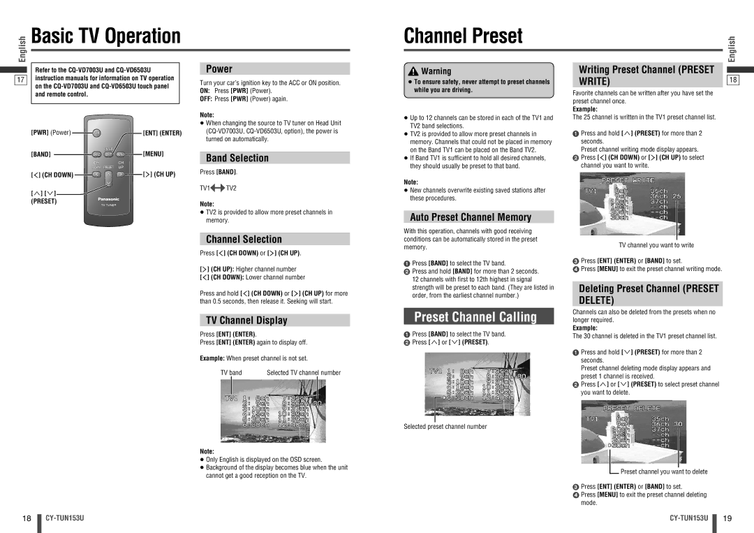 Panasonic CY-TUN153U warranty Channel Preset, Preset Channel Calling 