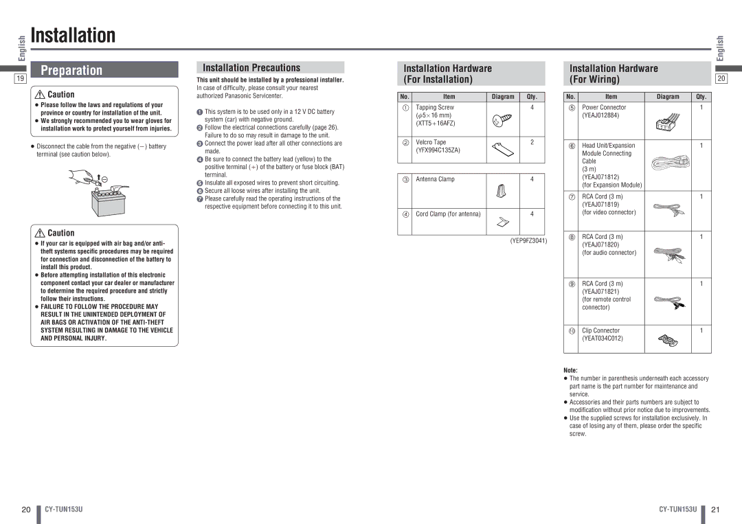 Panasonic CY-TUN153U warranty Preparation, Installation Precautions, Installation Hardware For Installation 