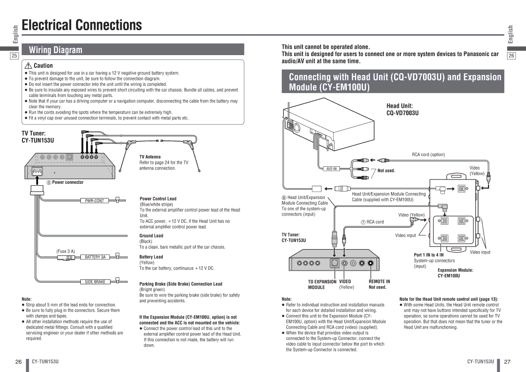 Panasonic CY-TUN153U warranty Electrical Connections, Module CY-EM100U 