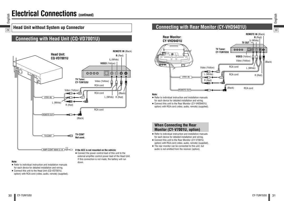 Panasonic CY-TUN153U warranty Connecting with Rear Monitor CY-VHD9401U, When Connecting the Rear Monitor CY-V7001U, option 