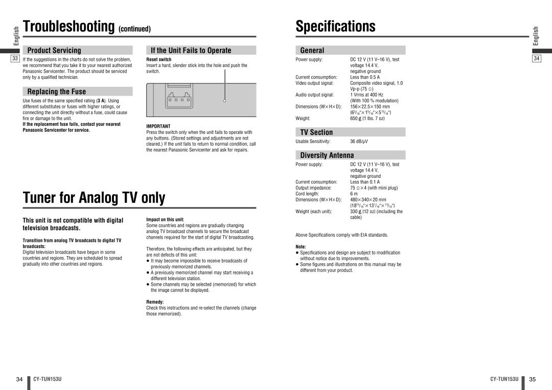 Panasonic CY-TUN153U warranty Speciﬁcations, Tuner for Analog TV only 