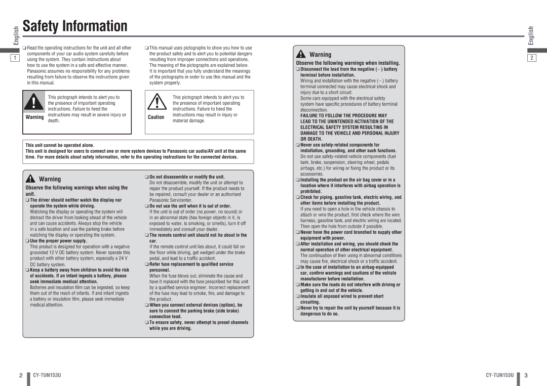 Panasonic CY-TUN153U warranty Safety Information 