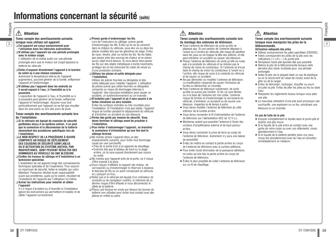 Panasonic CY-TUN153U warranty Informations concernant la sécurité suite 