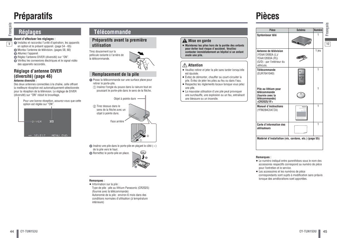 Panasonic CY-TUN153U warranty Préparatifs Pièces, Réglages, Télécommande, Préparatifs avant la première Utilisation 