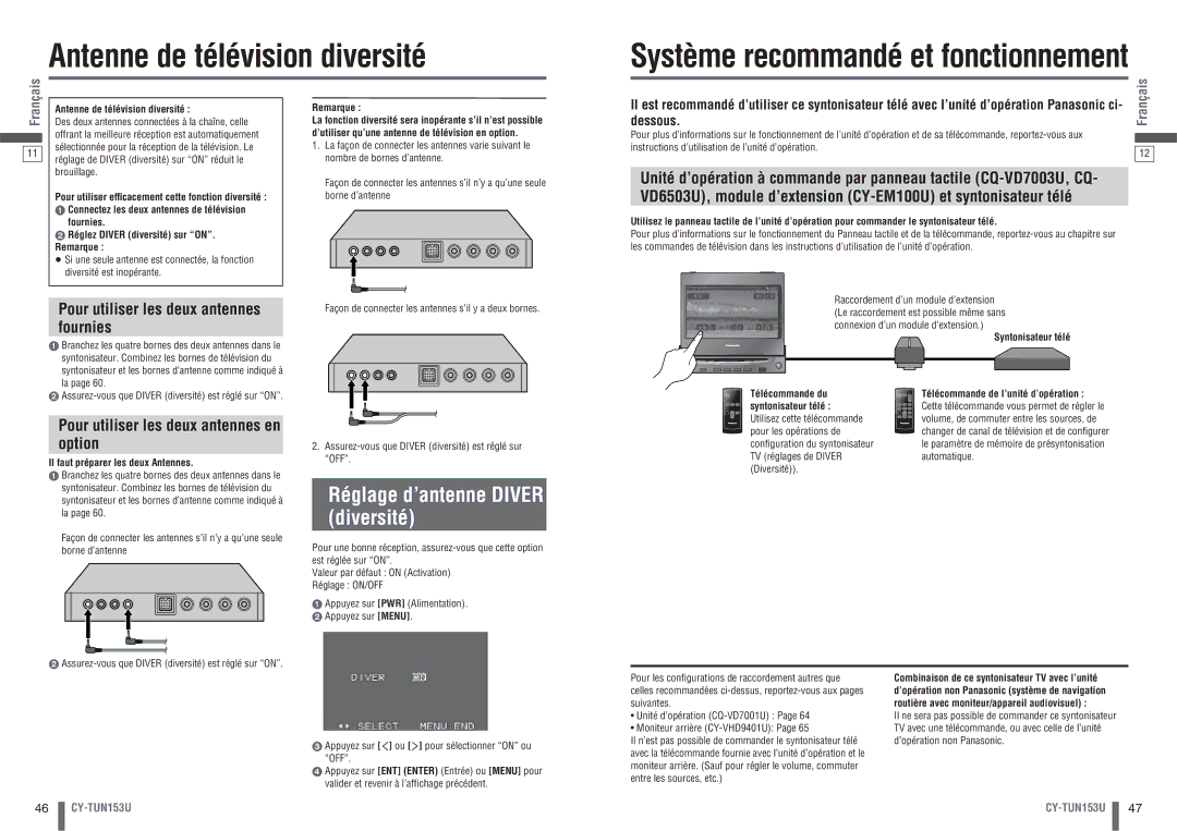 Panasonic CY-TUN153U warranty Antenne de télévision diversité, Réglage d’antenne Diver Diversité, Option 