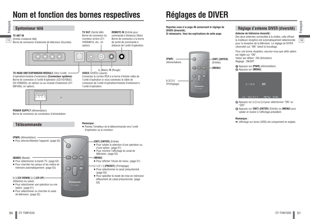 Panasonic CY-TUN153U warranty Réglages de Diver, Syntoniseur télé, Télécommande 