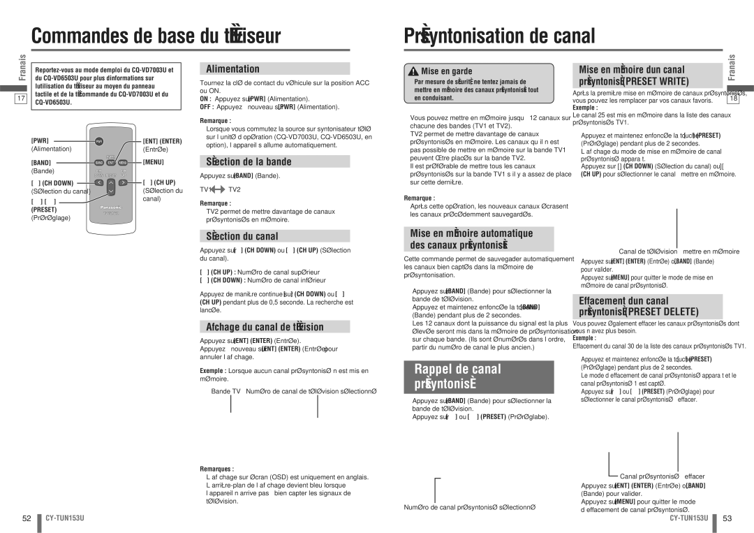 Panasonic CY-TUN153U warranty Commandes de base du téléviseur Présyntonisation de canal, Rappel de canal Présyntonisé 