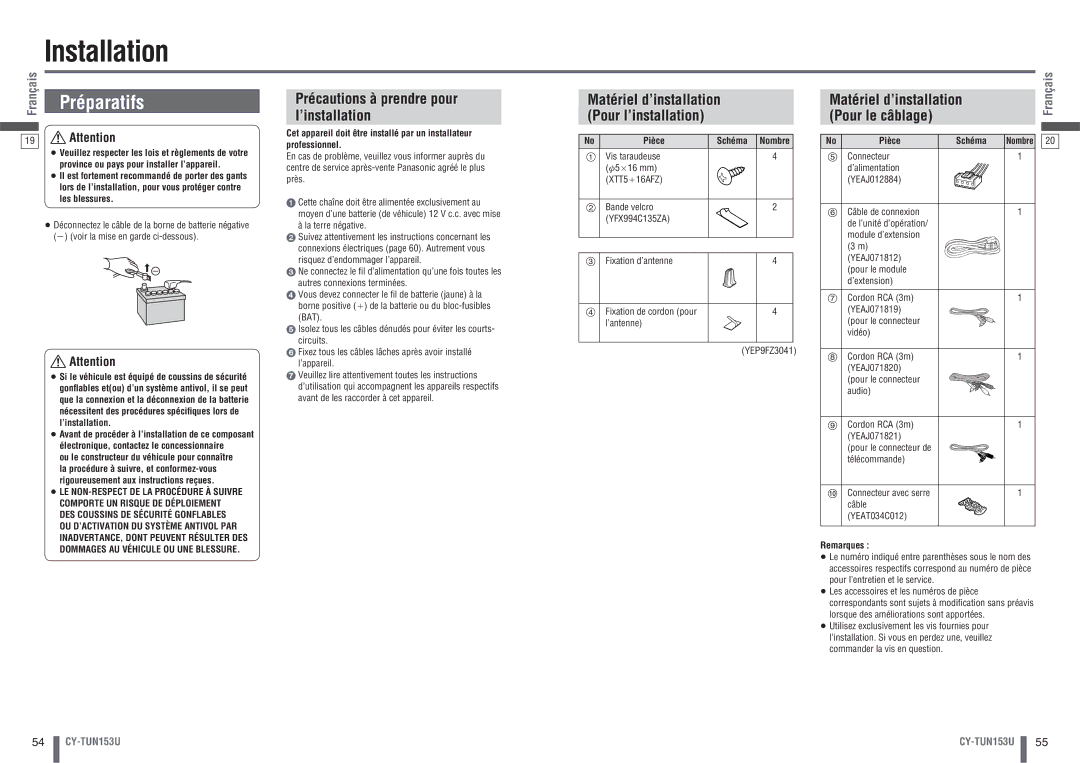 Panasonic CY-TUN153U warranty Installation, Préparatifs 