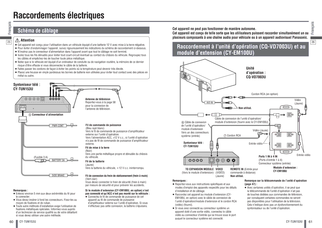 Panasonic CY-TUN153U warranty Raccordements électriques, Module d’extension CY-EM100U, Syntoniseur télé 