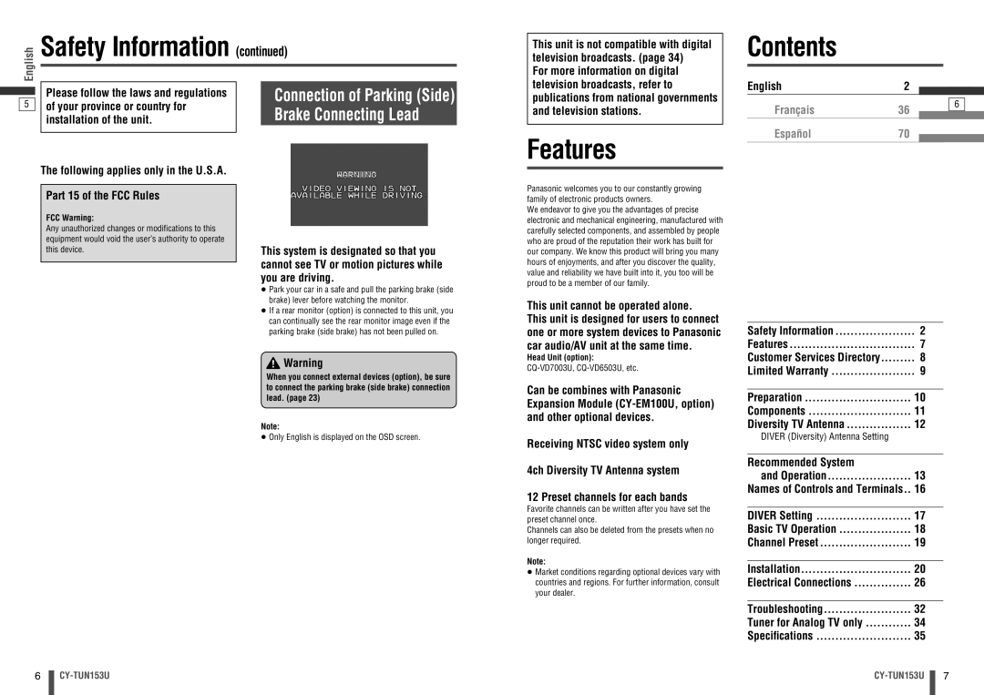 Panasonic CY-TUN153U warranty Features Contents 