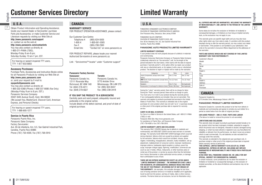 Panasonic CY-TUN153U warranty Customer Services Directory Limited Warranty, Toronto, Vancouver 