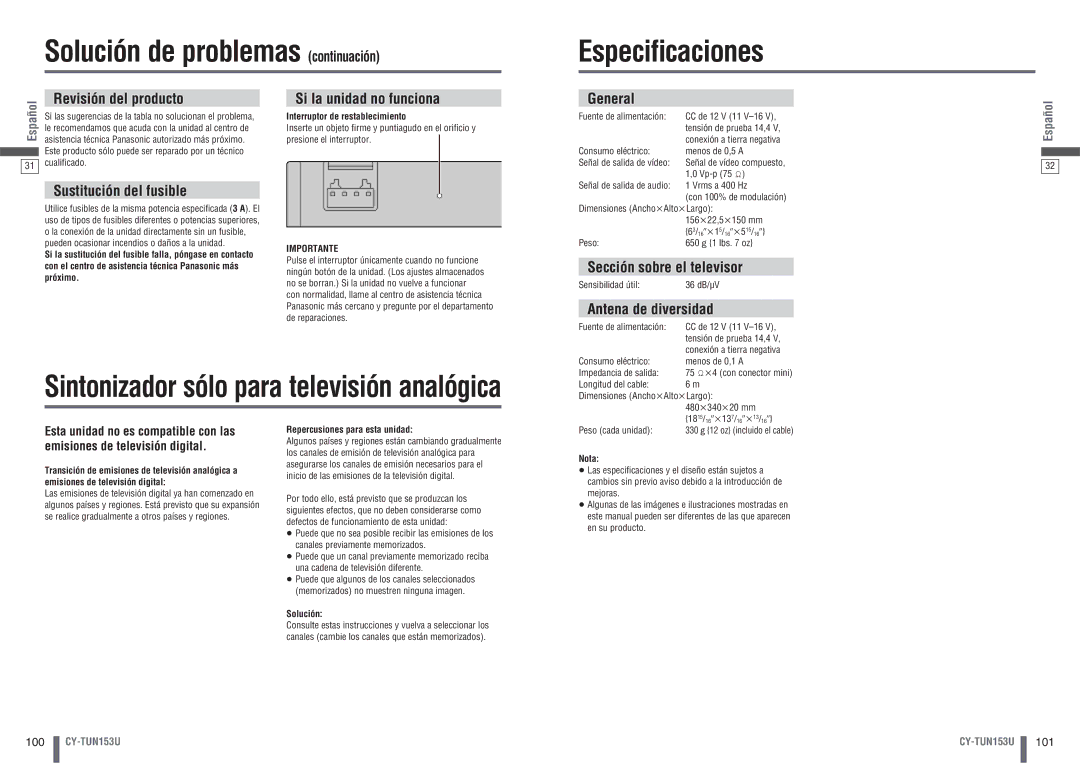 Panasonic CY-TUN153U warranty Solución de problemas continuación Especiﬁcaciones 