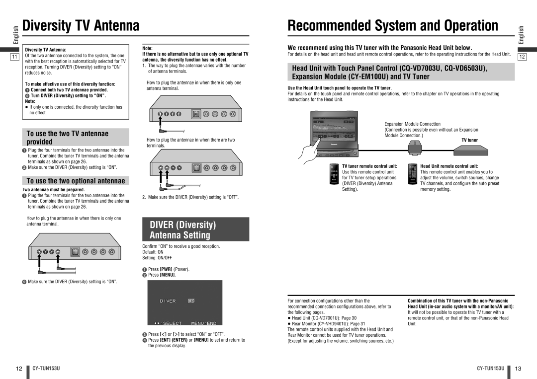 Panasonic CY-TUN153U warranty Diver Diversity Antenna Setting, To use the two TV antennae Provided 