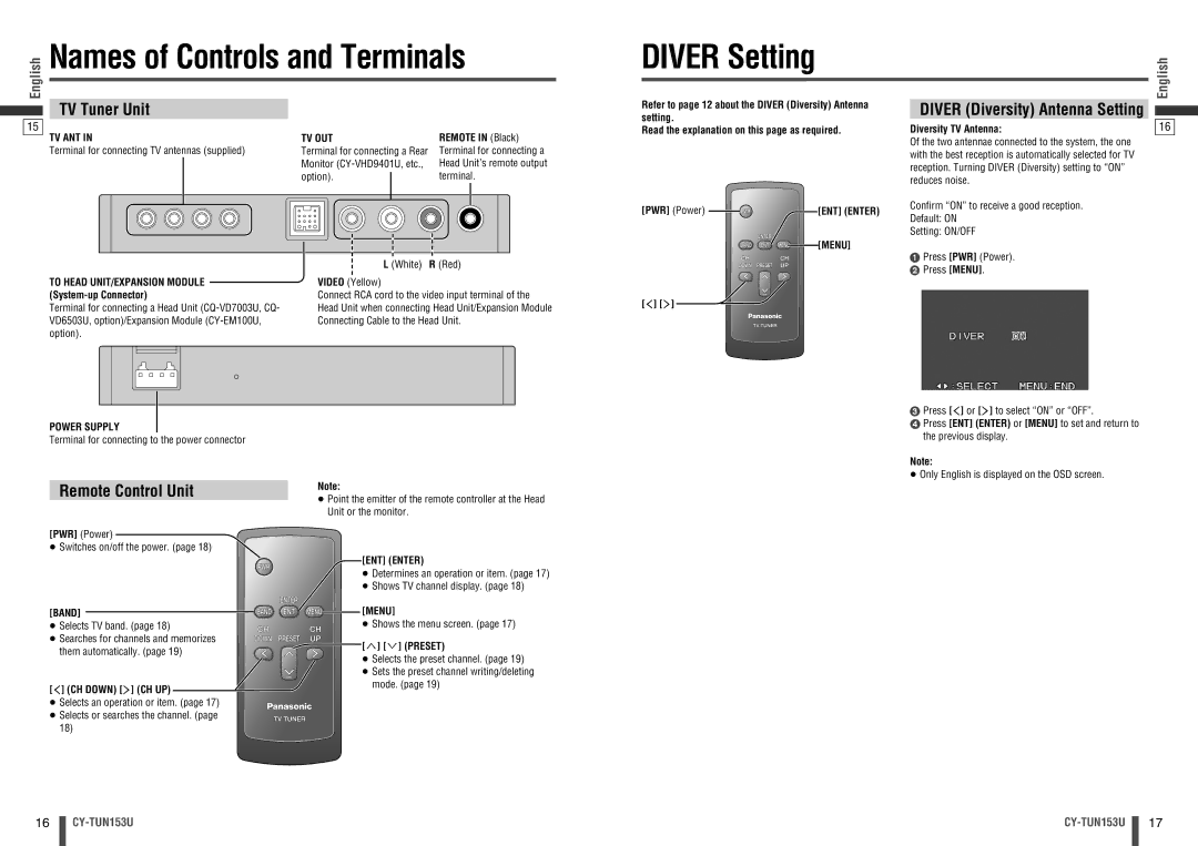 Panasonic CY-TUN153U warranty Names of Controls and Terminals Diver Setting, TV Tuner Unit, Remote Control Unit 