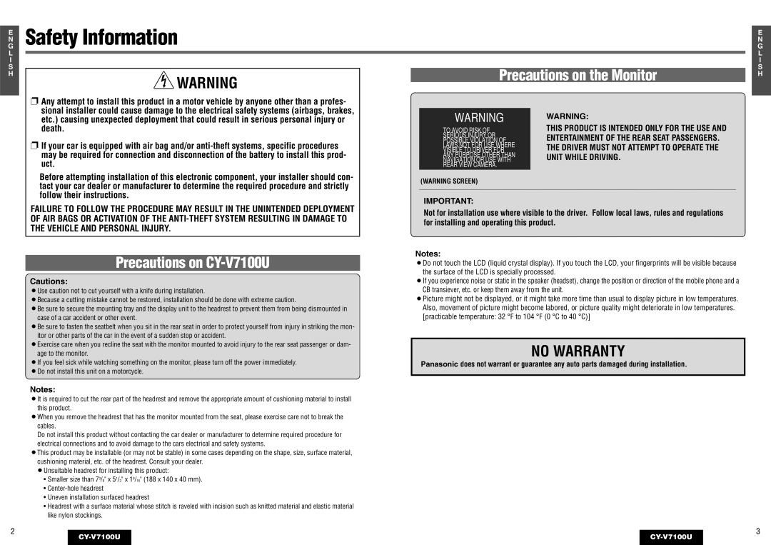 Panasonic Precautions on the Monitor, Precautions on CY-V7100U, Death, Uct, Follow their instructions 