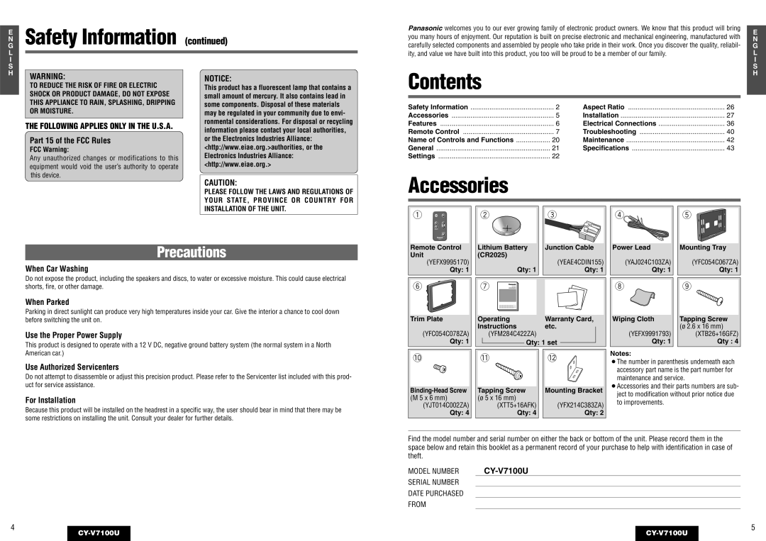 Panasonic CY-V7100U operating instructions Contents 