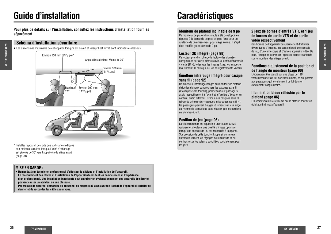 Panasonic CY-VH9300U Guide d’installation Caractéristiques, Schéma d’installation sécuritaire, Mise EN Garde 