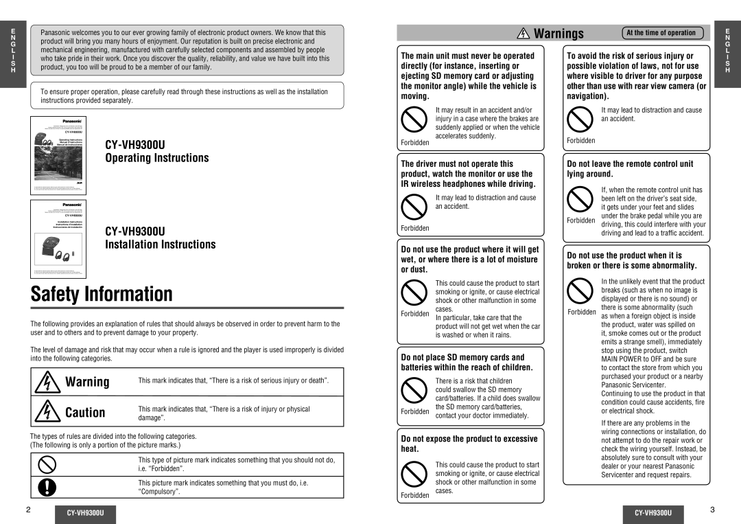 Panasonic CY-VH9300U operating instructions Safety Information, Do not expose the product to excessive heat 