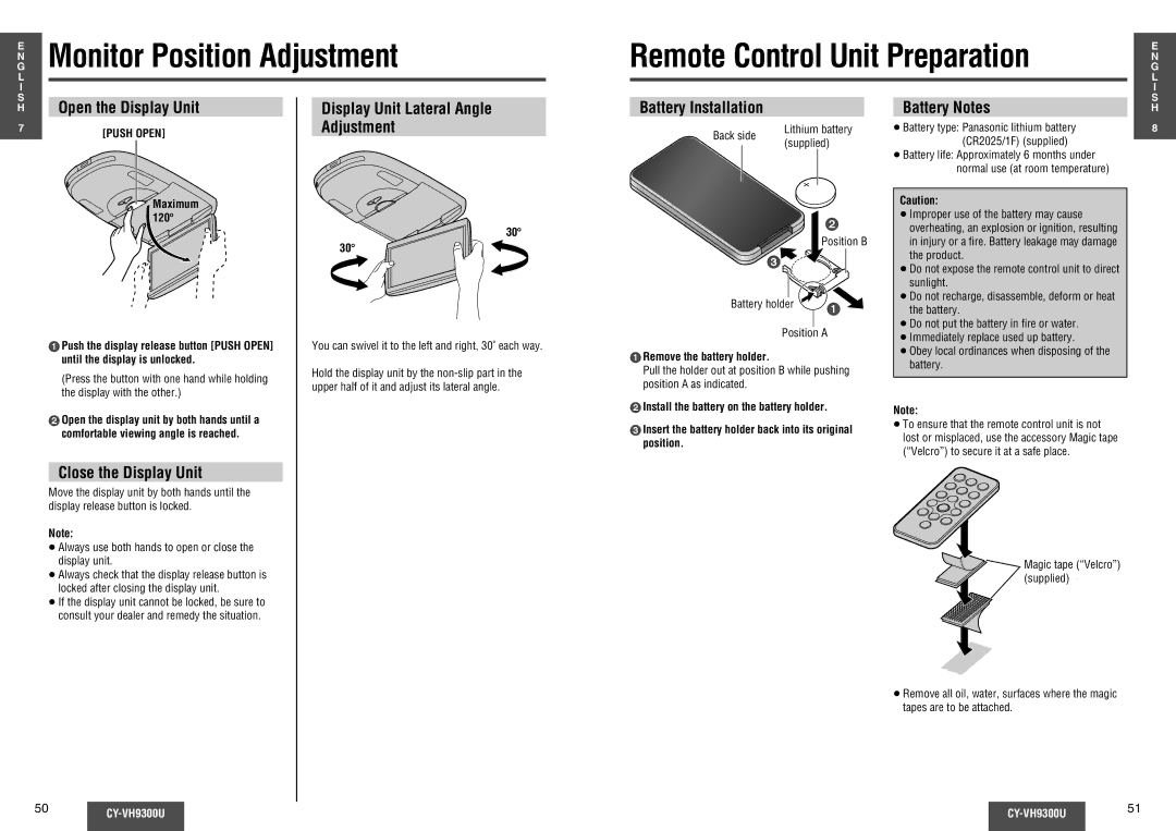 Panasonic CY-VH9300U Monitor Position Adjustment, Open the Display Unit, Display Unit Lateral Angle Adjustment 