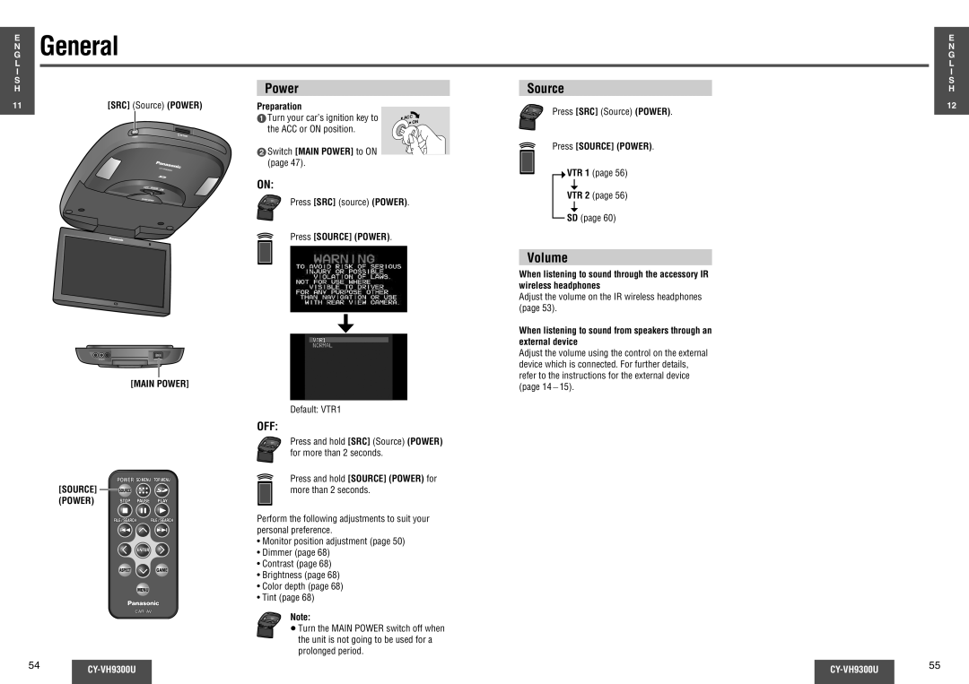 Panasonic CY-VH9300U operating instructions General, Power, Volume, Off 