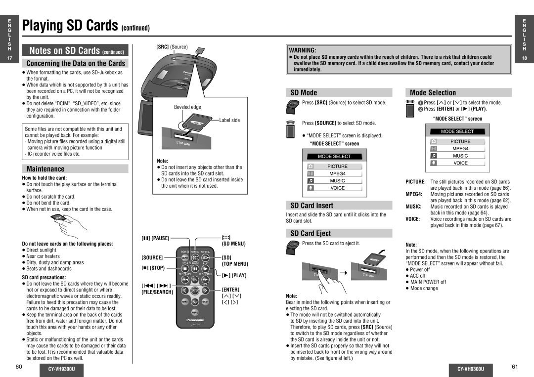 Panasonic CY-VH9300U operating instructions SD Mode Mode Selection, Maintenance, SD Card Insert, SD Card Eject 