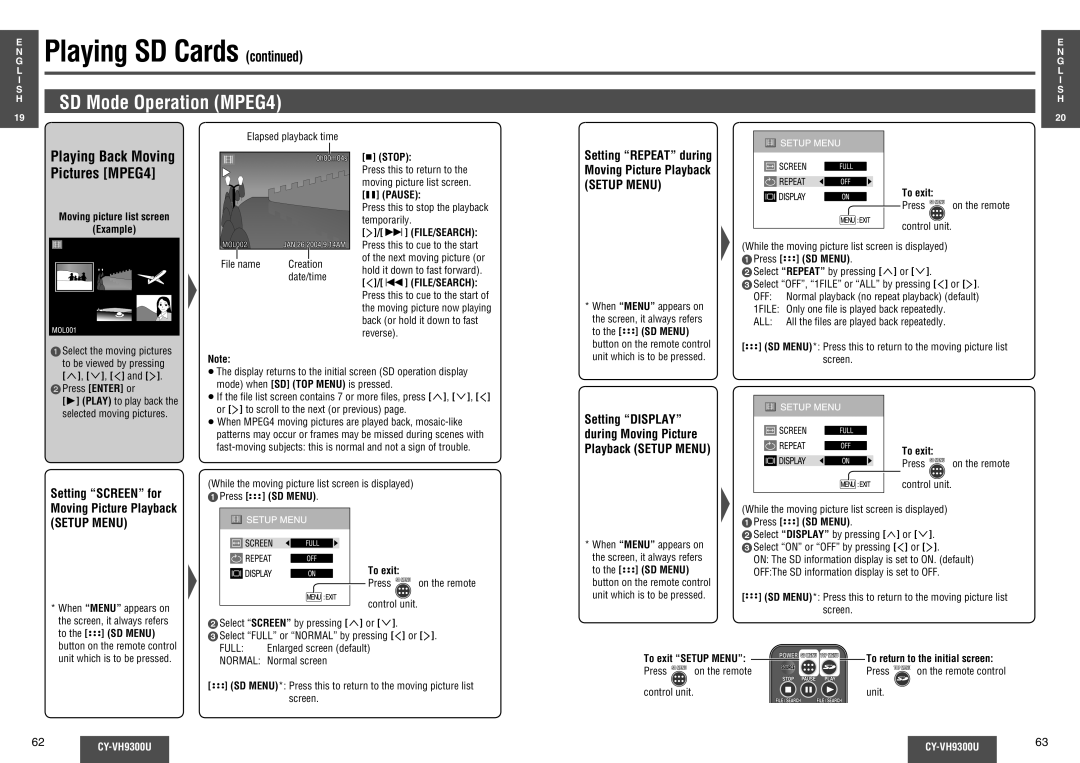 Panasonic CY-VH9300U operating instructions SD Mode Operation MPEG4, Playing Back Moving, Pictures MPEG4, Setup Menu 