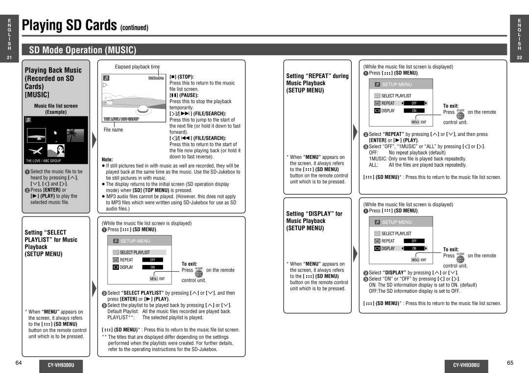 Panasonic CY-VH9300U SD Mode Operation Music, Setting Select Playlist for Music Playback, Music ﬁle list screen Example 