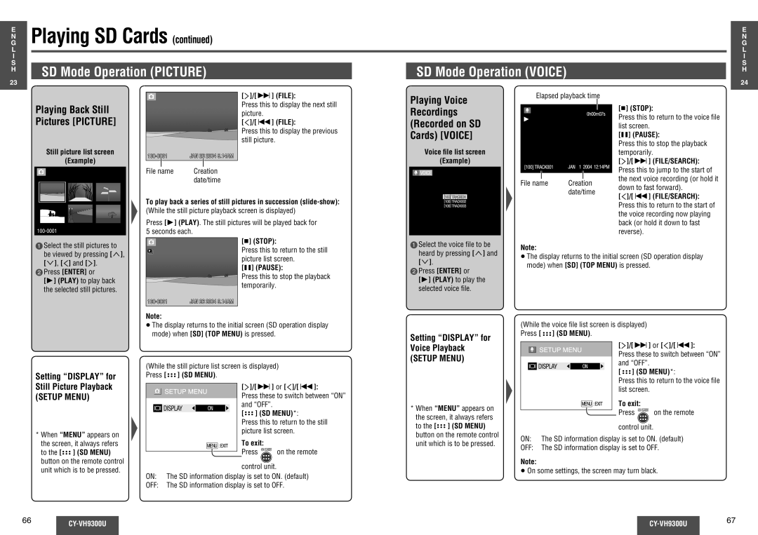 Panasonic CY-VH9300U SD Mode Operation Picture SD Mode Operation Voice, Playing Back Still Pictures Picture 