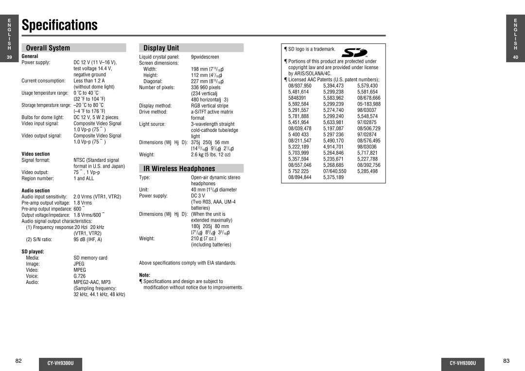 Panasonic CY-VH9300U operating instructions Speciﬁcations, Display Unit, IR Wireless Headphones 