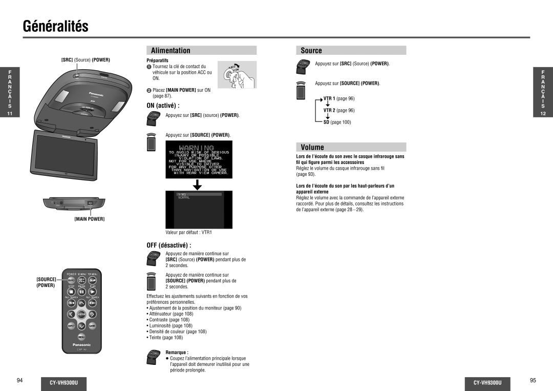 Panasonic CY-VH9300U operating instructions Généralités, Alimentation, Source, On activé, OFF désactivé 